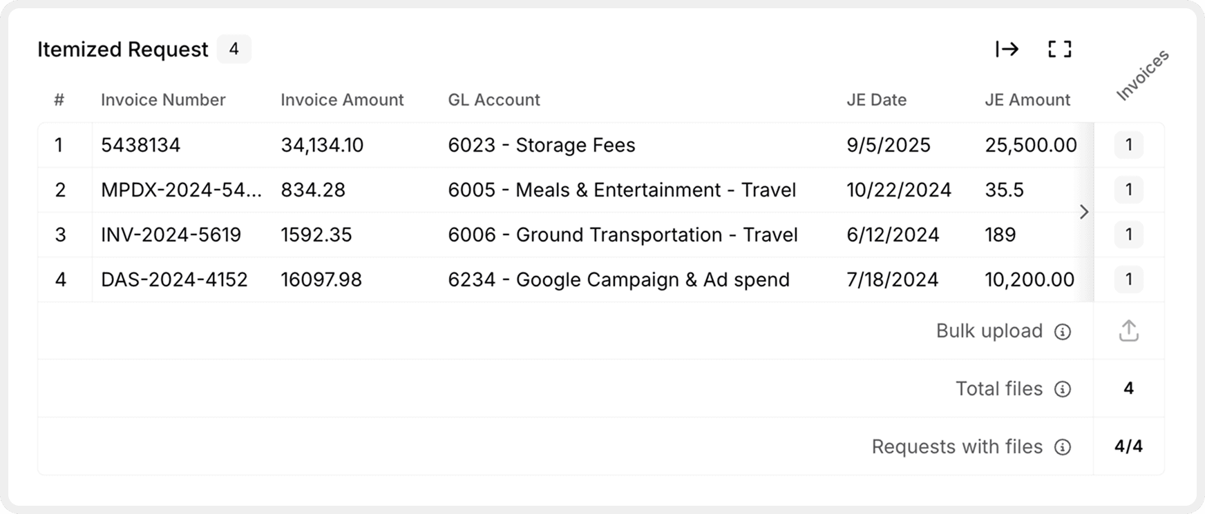 An itemized request listing each selection with a bulk upload area below